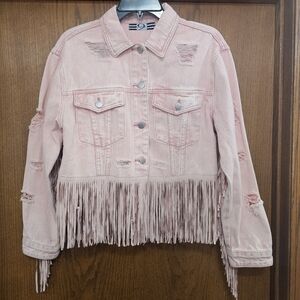 Fringe Jean Jacket in Pink Size Small